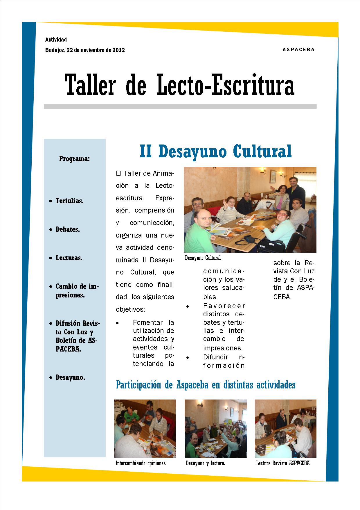 Cartel actividad "Desayuno Cultural. Noviembre 2012"
